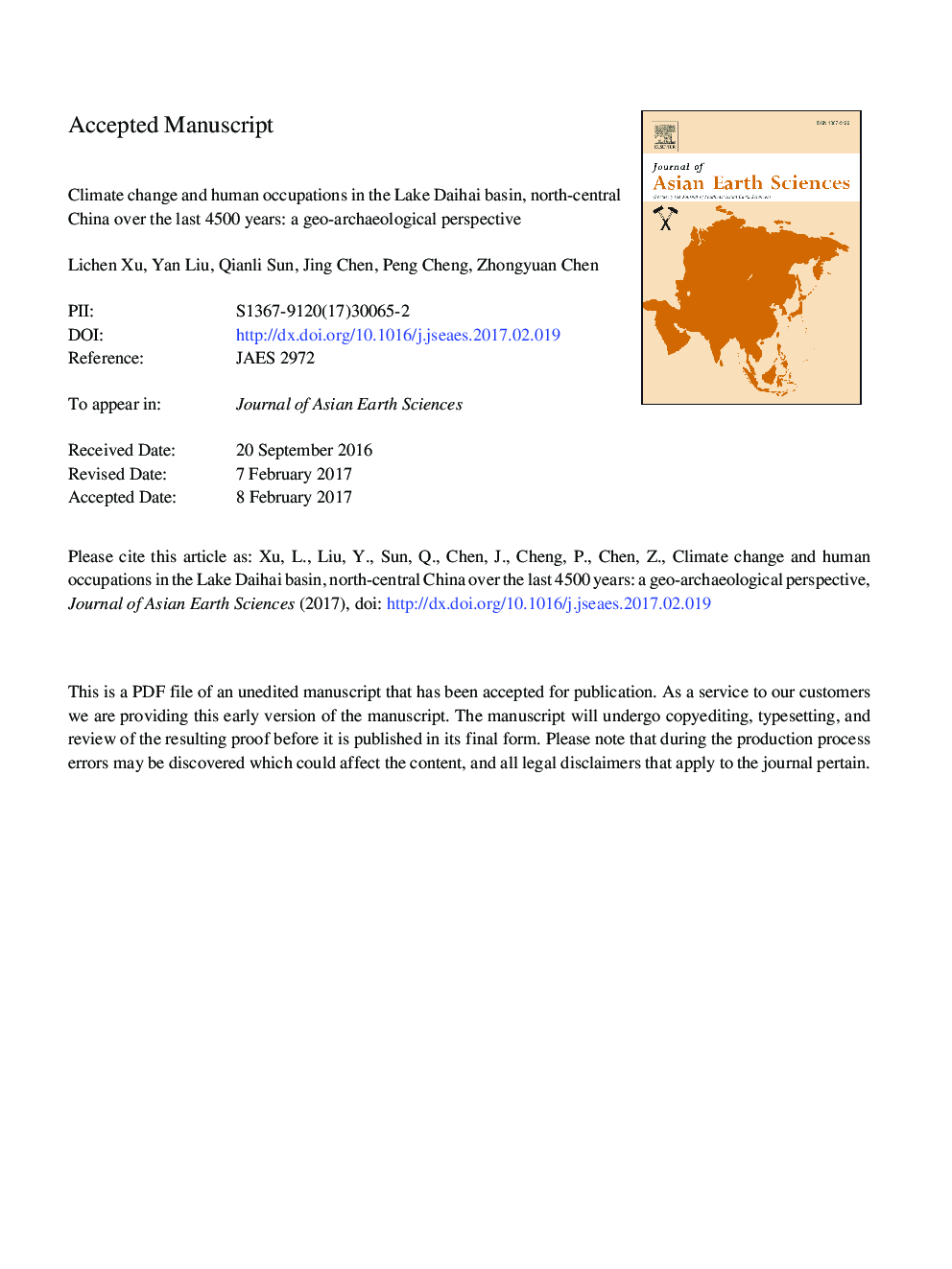 Climate change and human occupations in the Lake Daihai basin, north-central China over the last 4500Â years: A geo-archeological perspective