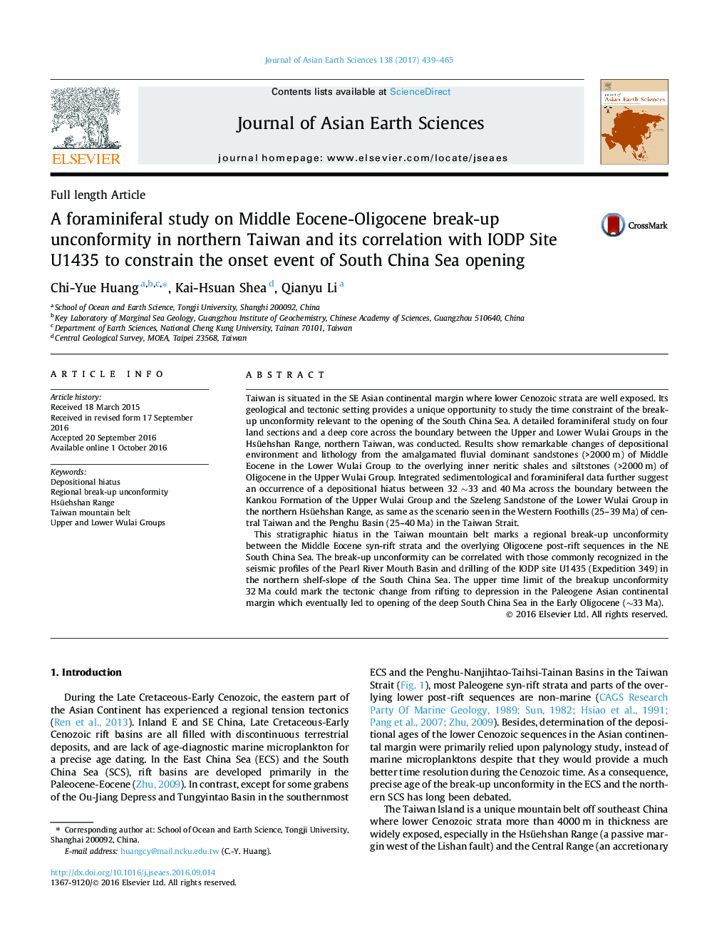 Full length ArticleA foraminiferal study on Middle Eocene-Oligocene break-up unconformity in northern Taiwan and its correlation with IODP Site U1435 to constrain the onset event of South China Sea opening