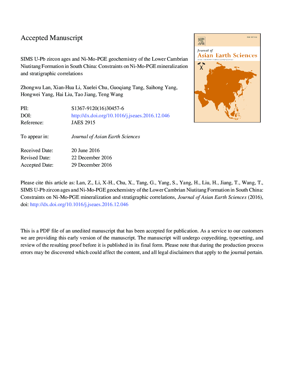 SIMS U-Pb zircon ages and Ni-Mo-PGE geochemistry of the lower Cambrian Niutitang Formation in South China: Constraints on Ni-Mo-PGE mineralization and stratigraphic correlations