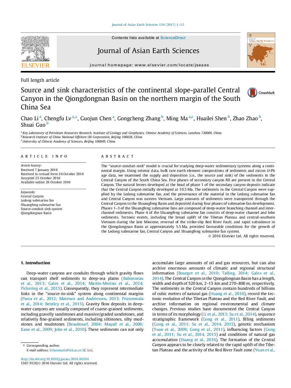 Full length articleSource and sink characteristics of the continental slope-parallel Central Canyon in the Qiongdongnan Basin on the northern margin of the South China Sea