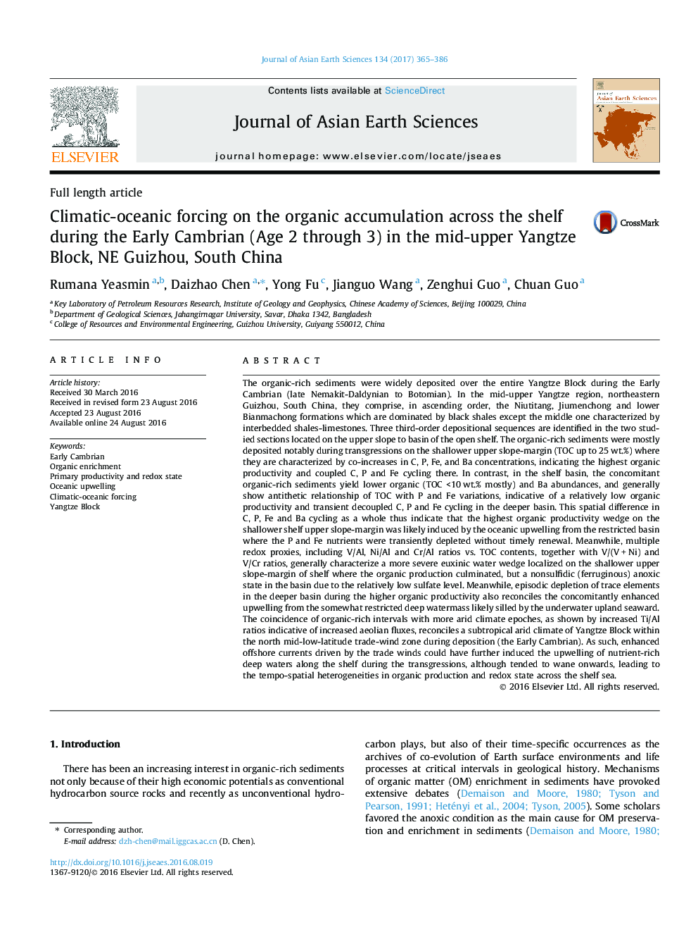 Full length articleClimatic-oceanic forcing on the organic accumulation across the shelf during the Early Cambrian (Age 2 through 3) in the mid-upper Yangtze Block, NE Guizhou, South China