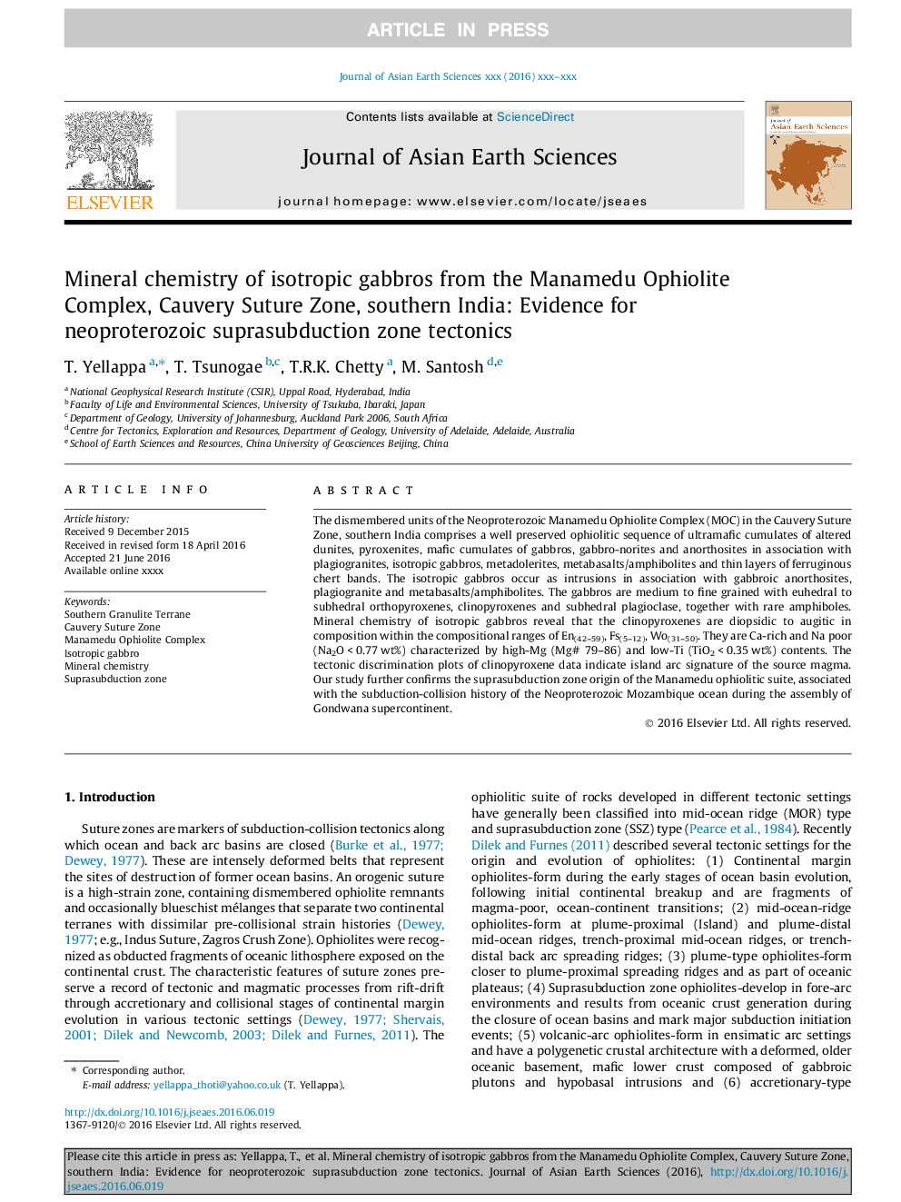 Mineral chemistry of isotropic gabbros from the Manamedu Ophiolite Complex, Cauvery Suture Zone, southern India: Evidence for neoproterozoic suprasubduction zone tectonics