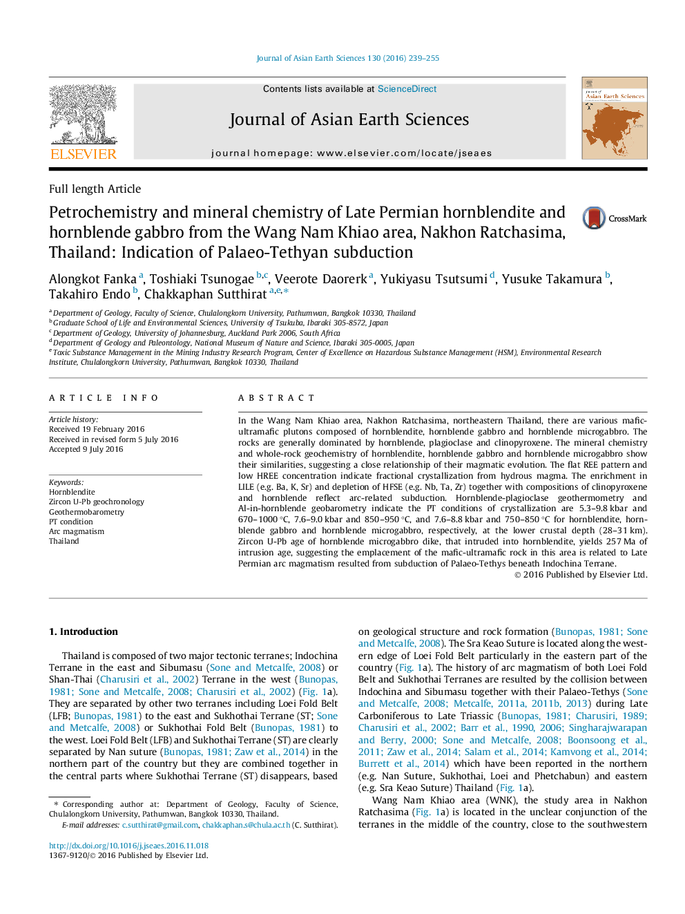 Petrochemistry and mineral chemistry of Late Permian hornblendite and hornblende gabbro from the Wang Nam Khiao area, Nakhon Ratchasima, Thailand: Indication of Palaeo-Tethyan subduction