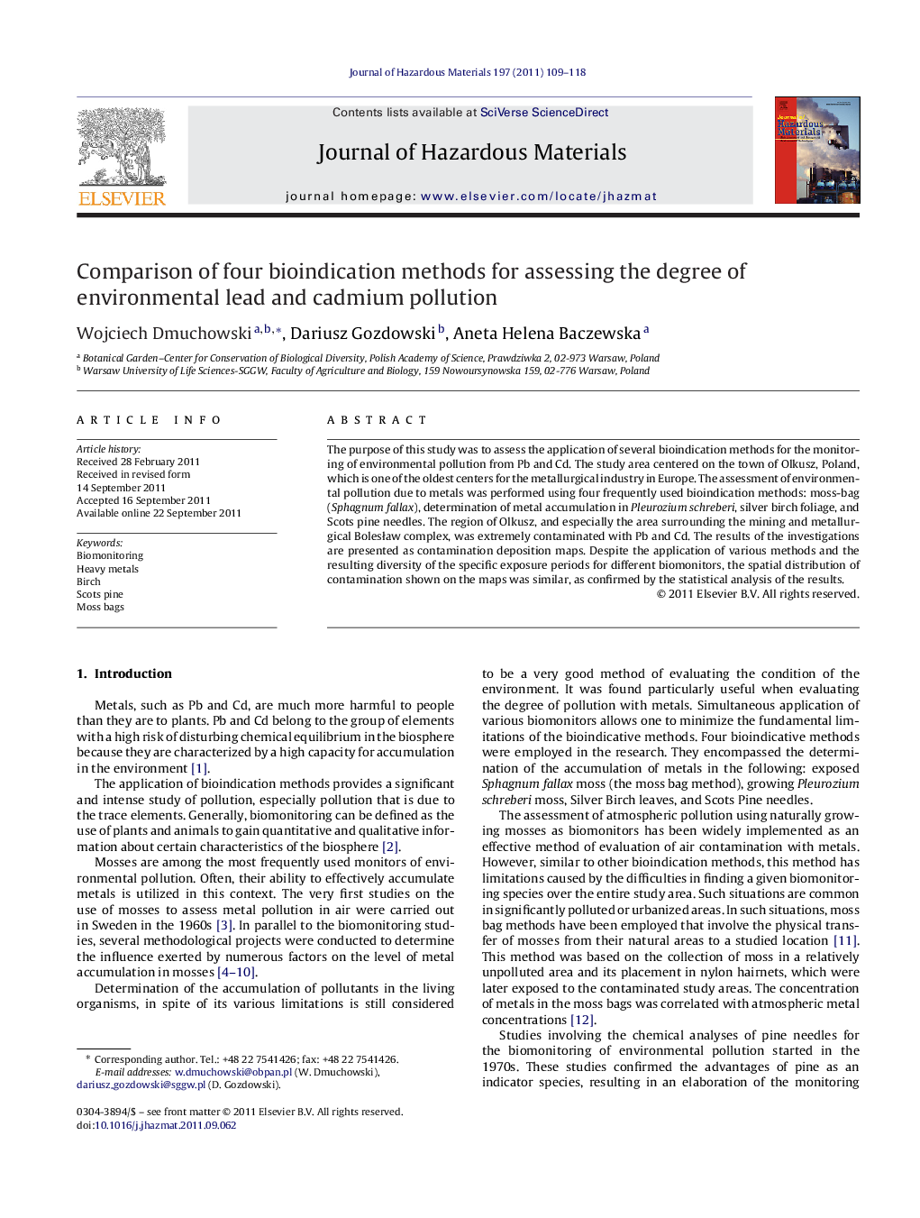 Comparison of four bioindication methods for assessing the degree of environmental lead and cadmium pollution