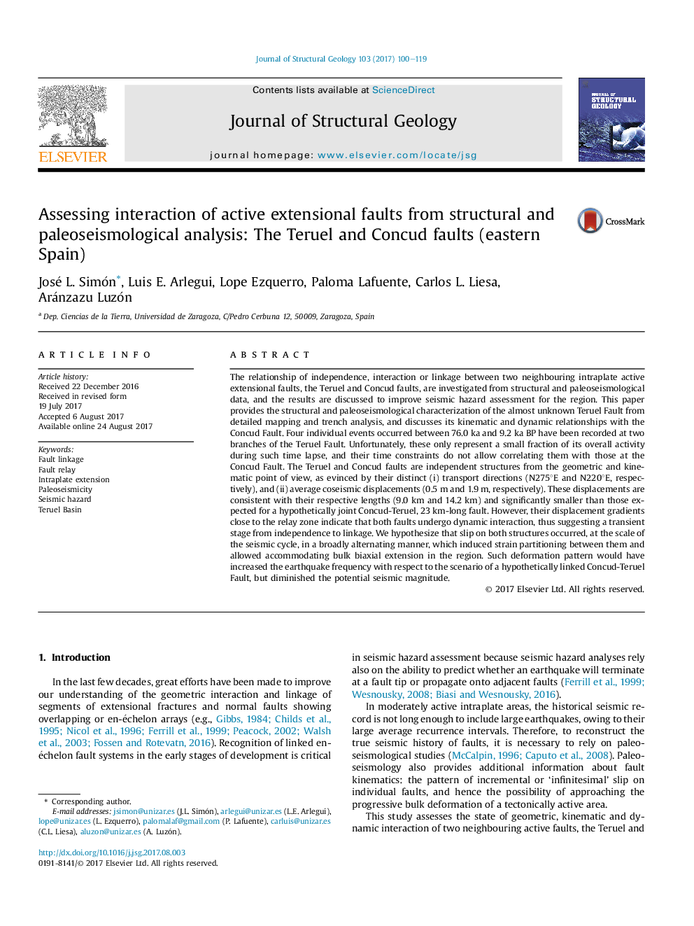 Assessing interaction of active extensional faults from structural and paleoseismological analysis: The Teruel and Concud faults (eastern Spain)