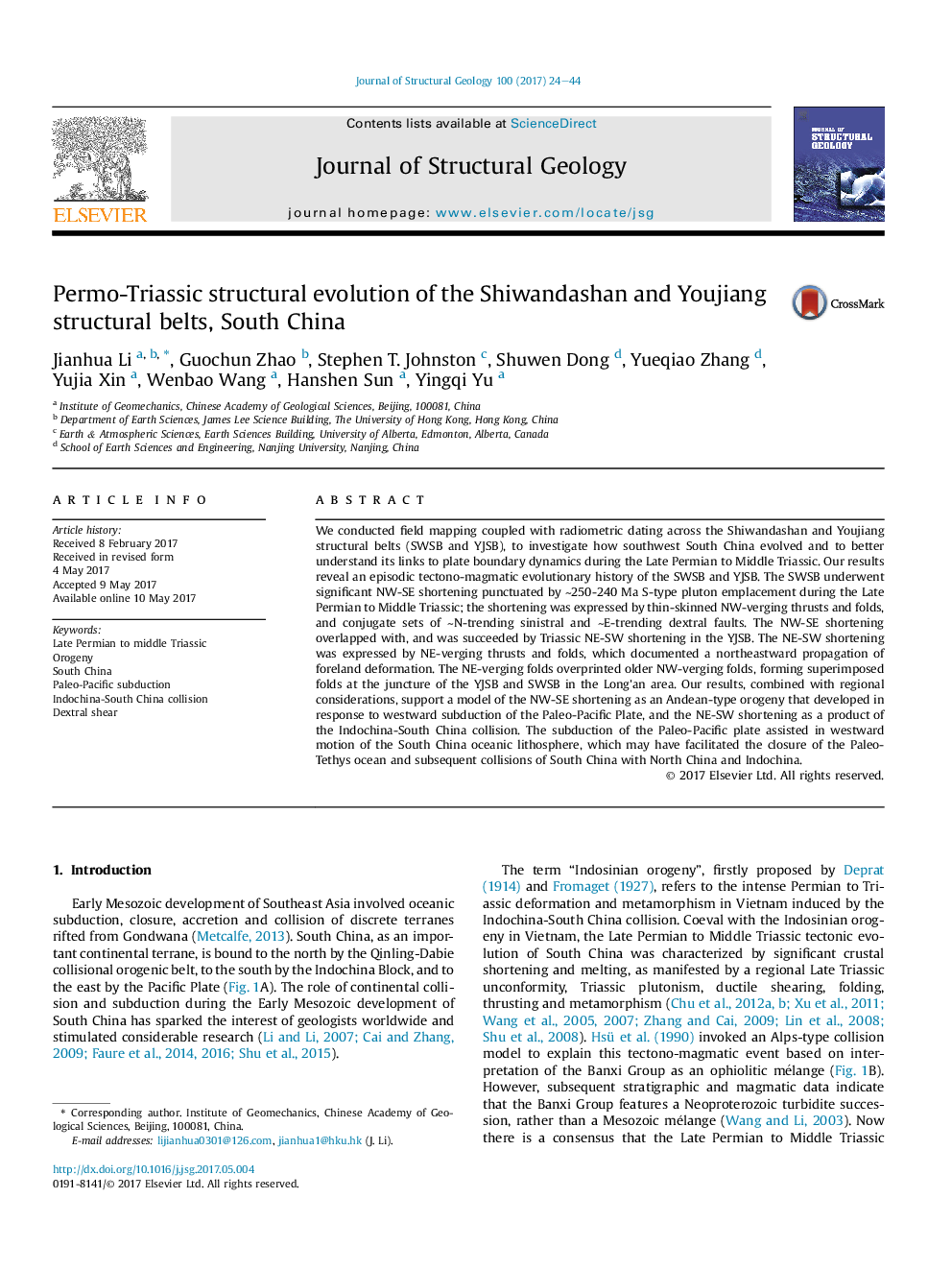 Permo-Triassic structural evolution of the Shiwandashan and Youjiang structural belts, South China