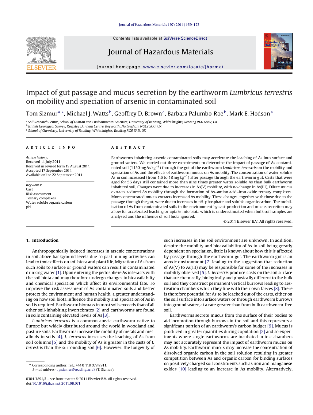 Impact of gut passage and mucus secretion by the earthworm Lumbricus terrestris on mobility and speciation of arsenic in contaminated soil