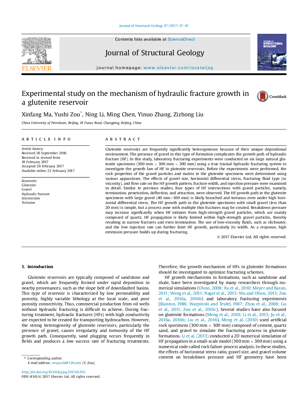 Experimental study on the mechanism of hydraulic fracture growth in a glutenite reservoir