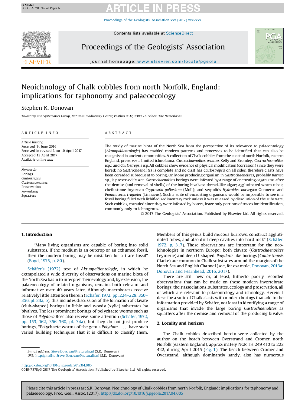 Neoichnology of Chalk cobbles from north Norfolk, England: implications for taphonomy and palaeoecology