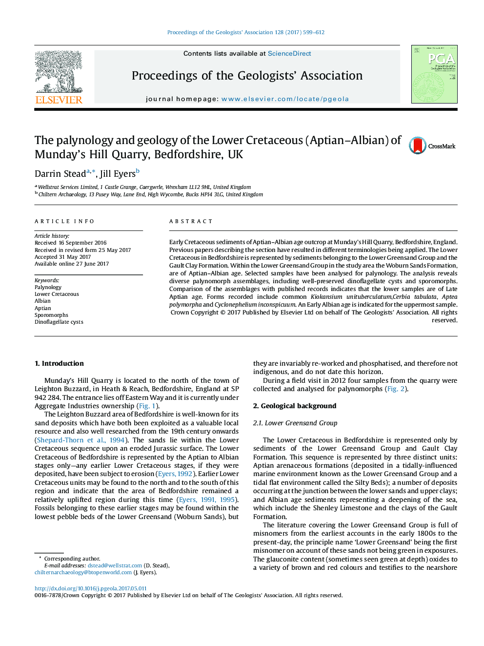 The palynology and geology of the Lower Cretaceous (Aptian-Albian) of Munday's Hill Quarry, Bedfordshire, UK