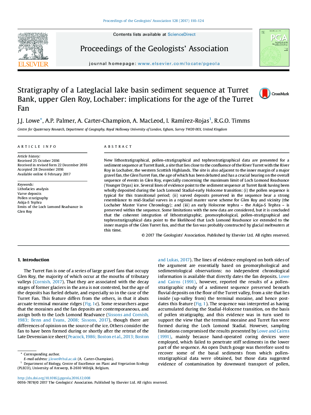 Stratigraphy of a Lateglacial lake basin sediment sequence at Turret Bank, upper Glen Roy, Lochaber: implications for the age of the Turret Fan