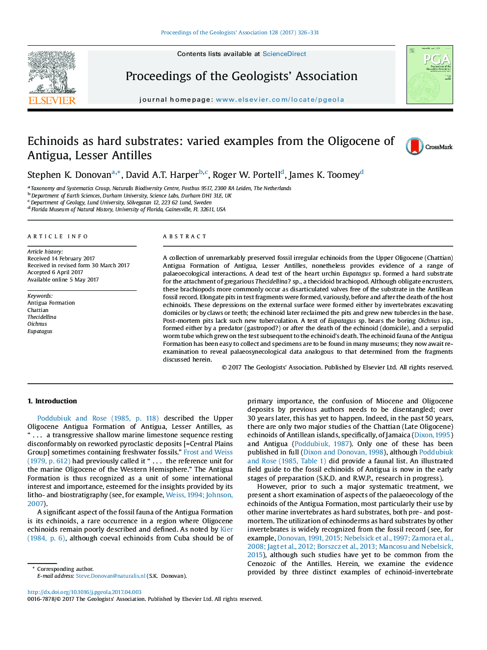 Echinoids as hard substrates: varied examples from the Oligocene of Antigua, Lesser Antilles