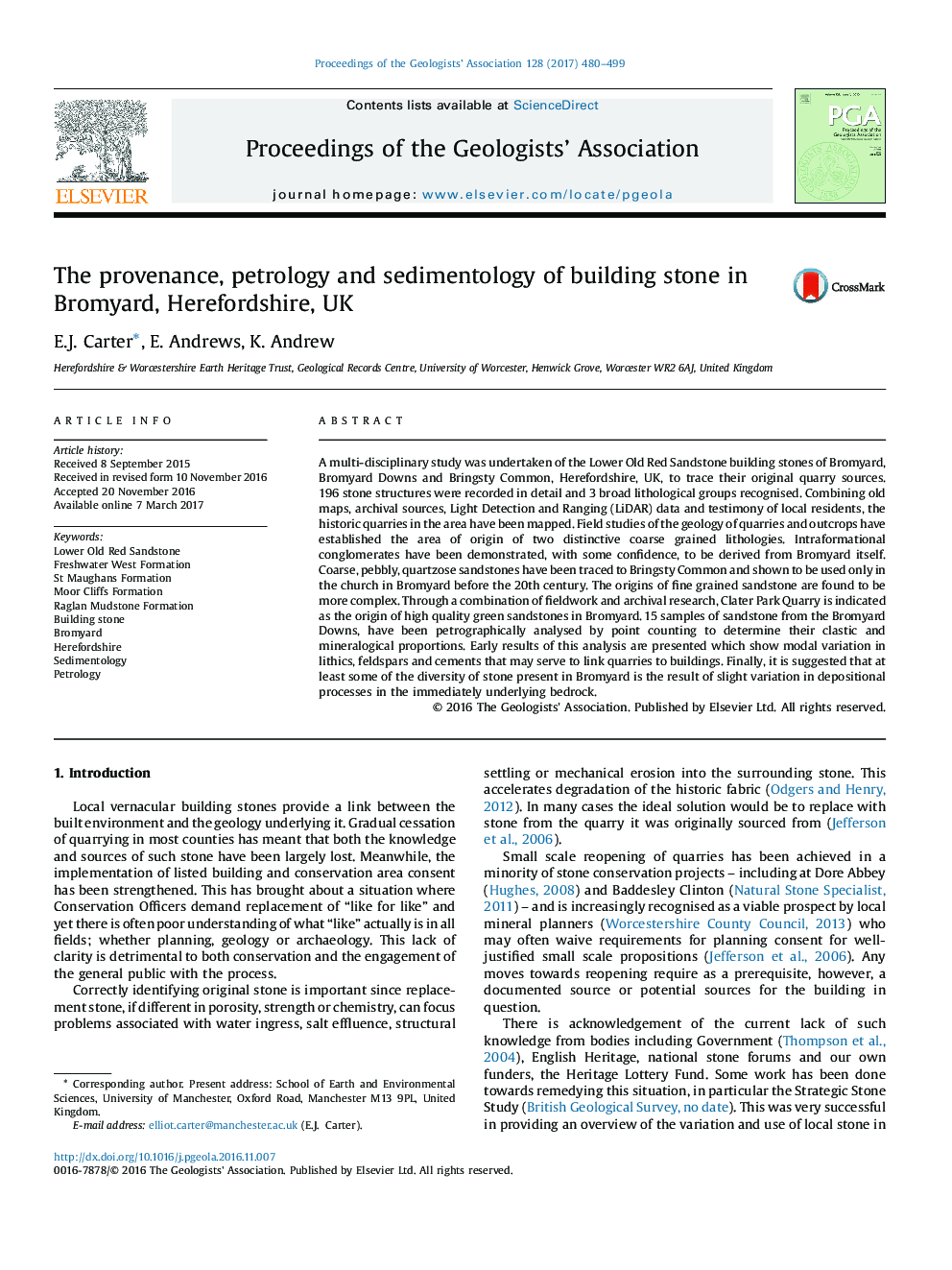 The provenance, petrology and sedimentology of building stone in Bromyard, Herefordshire, UK