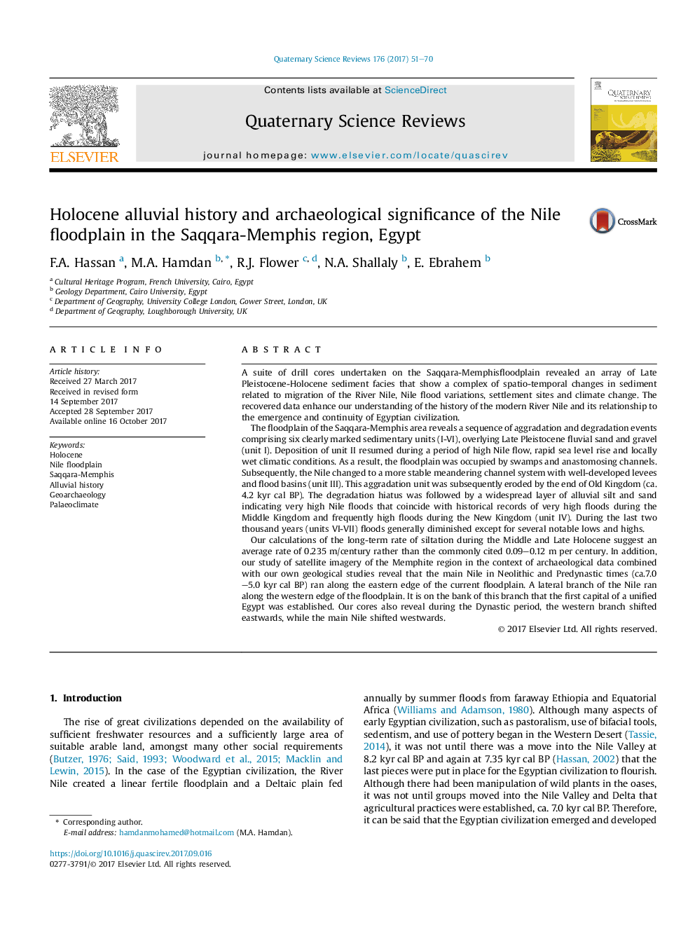 Holocene alluvial history and archaeological significance of the Nile floodplain in the Saqqara-Memphis region, Egypt