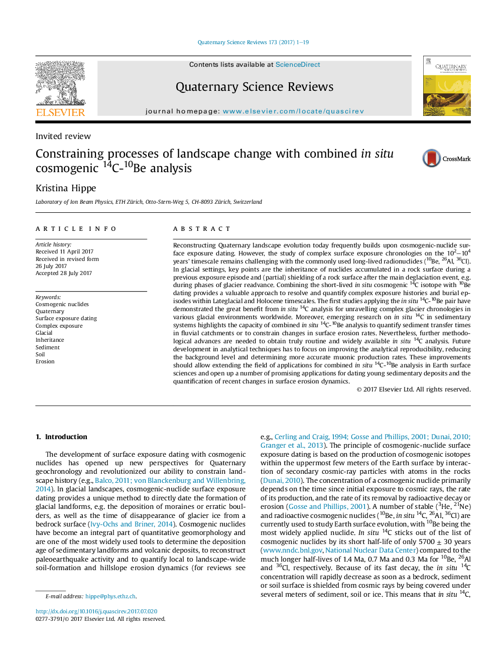 Constraining processes of landscape change with combined in situ cosmogenic 14C-10Be analysis