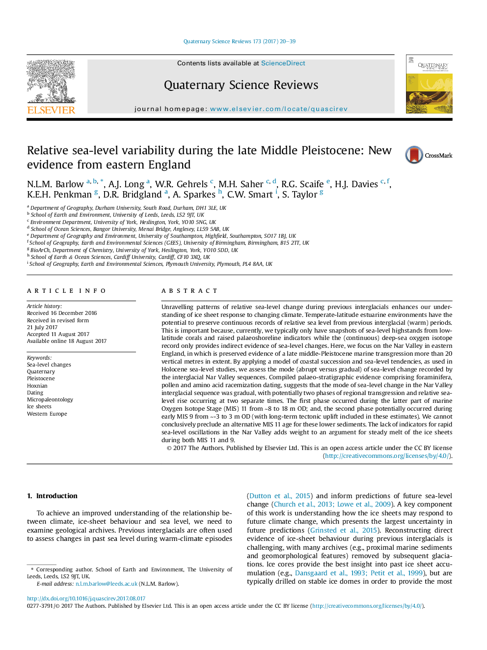 Relative sea-level variability during the late Middle Pleistocene: New evidence from eastern England