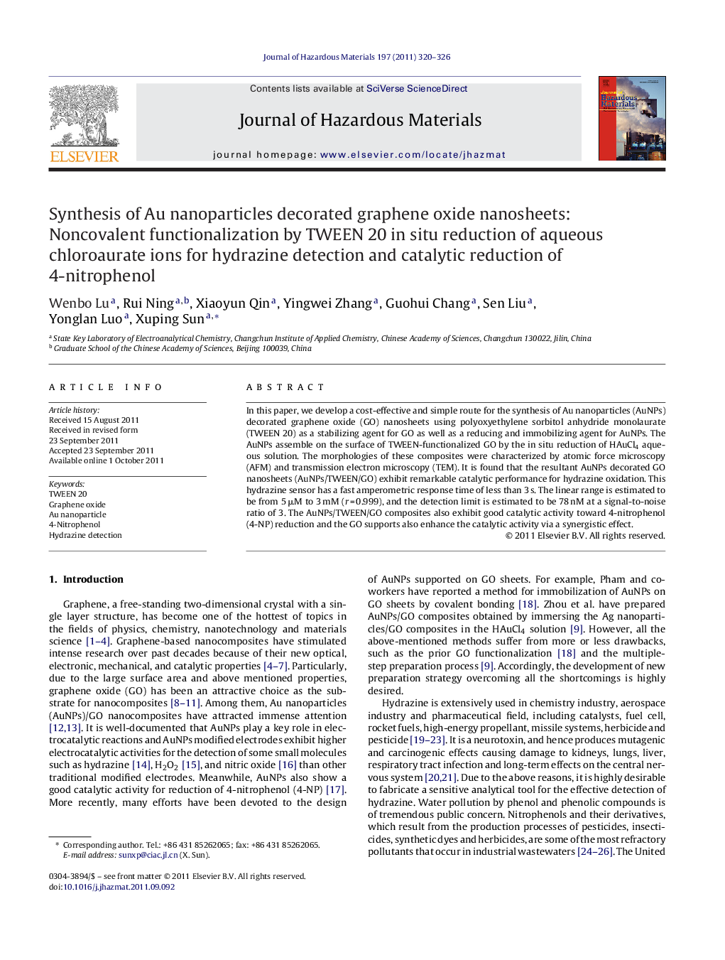 Synthesis of Au nanoparticles decorated graphene oxide nanosheets: Noncovalent functionalization by TWEEN 20 in situ reduction of aqueous chloroaurate ions for hydrazine detection and catalytic reduction of 4-nitrophenol