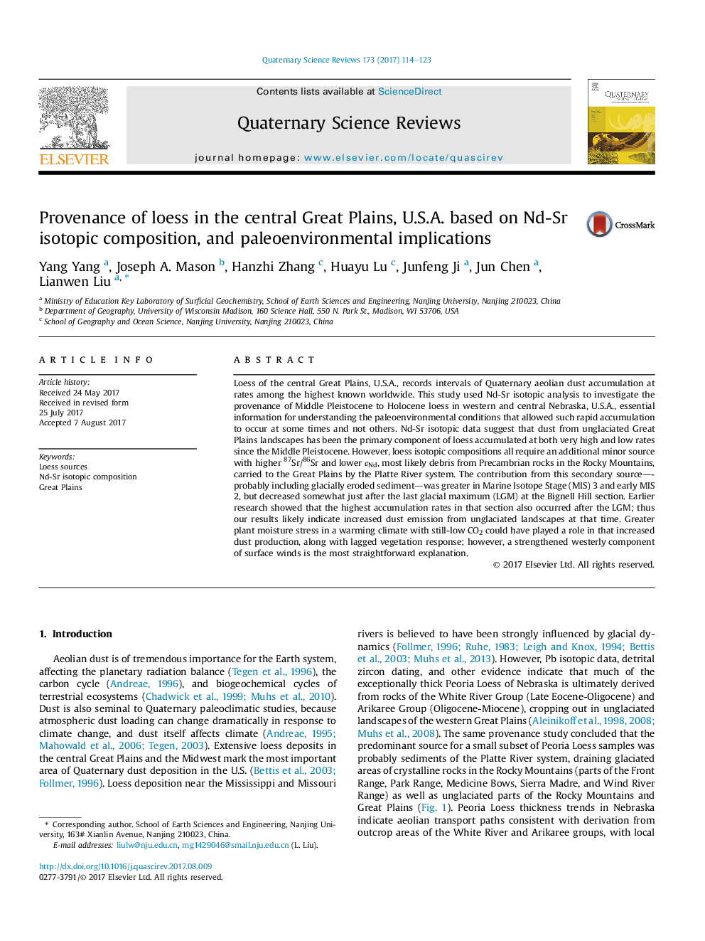 Provenance of loess in the central Great Plains, U.S.A. based on Nd-Sr isotopic composition, and paleoenvironmental implications