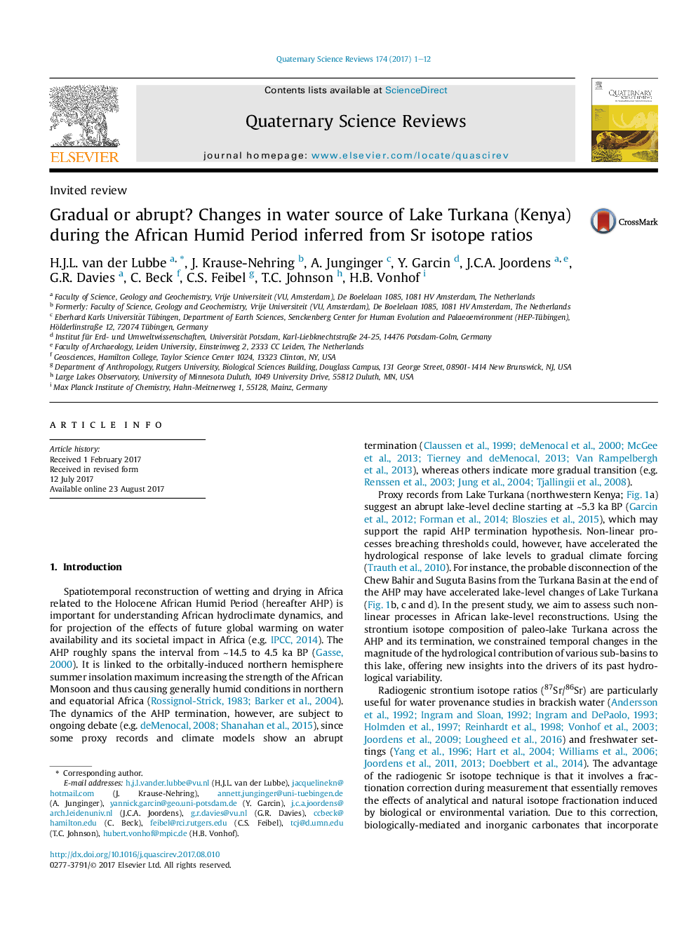 Gradual or abrupt? Changes in water source of Lake Turkana (Kenya) during the African Humid Period inferred from Sr isotope ratios