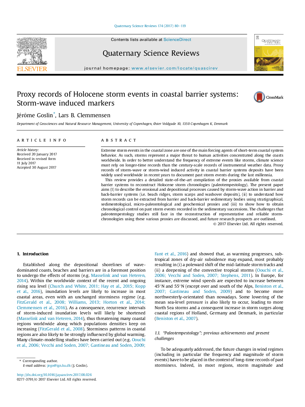 Proxy records of Holocene storm events in coastal barrier systems: Storm-wave induced markers