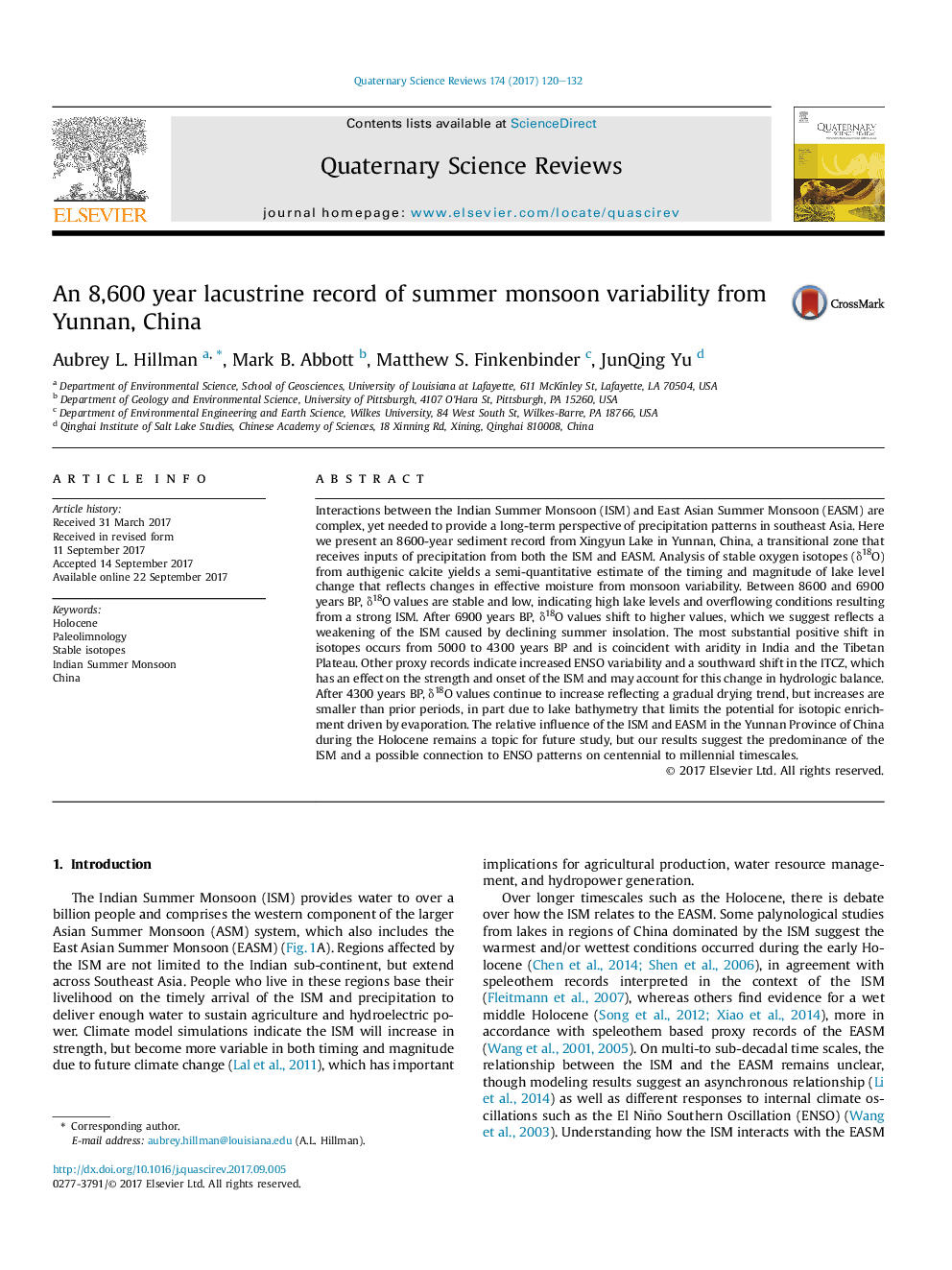 An 8,600 year lacustrine record of summer monsoon variability from Yunnan, China