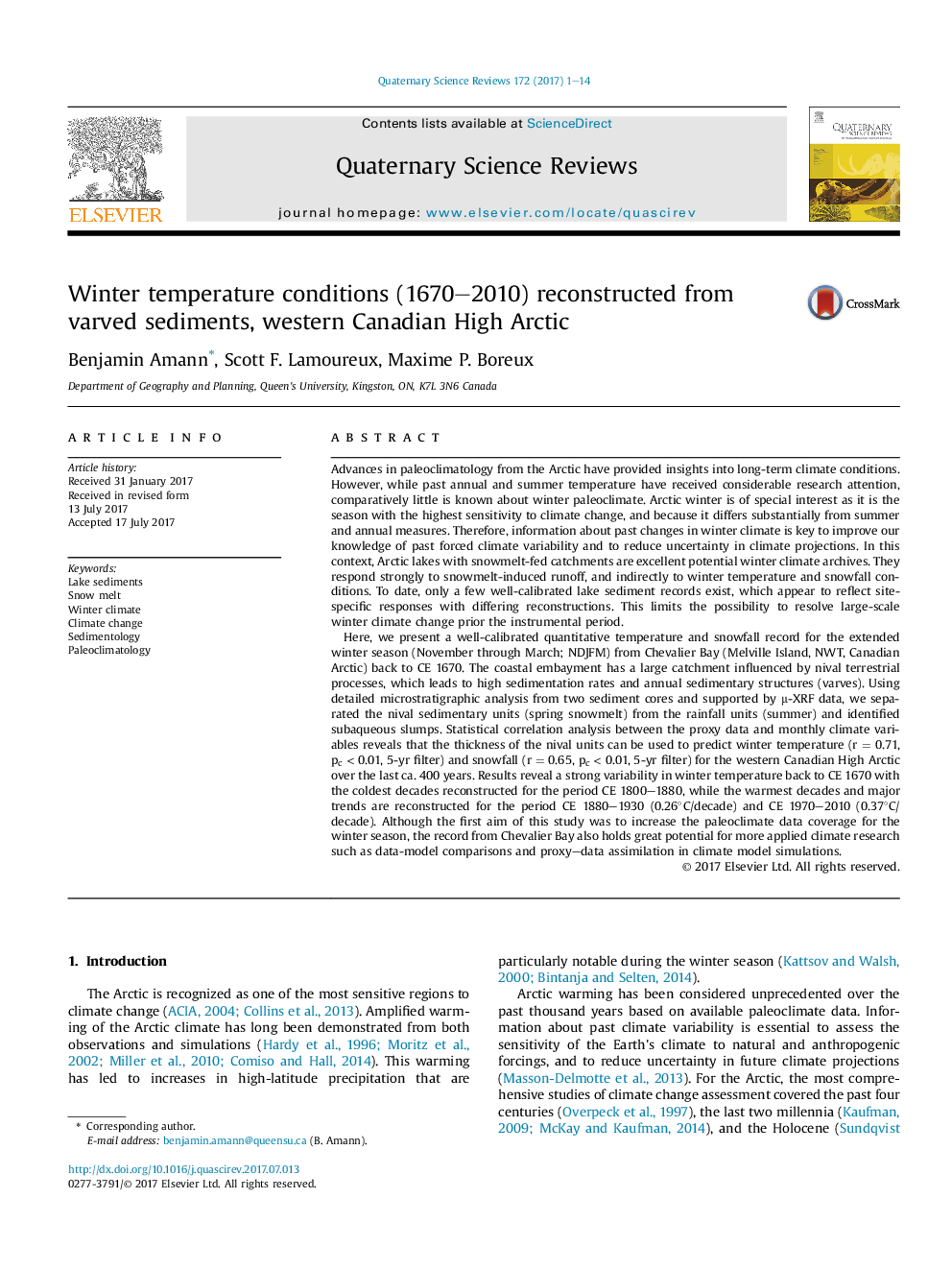 شرایط زمستانی دما (2010-1670) از رسوبات مخلوط، قطب شمال غرب کانادایی بازسازی شده است