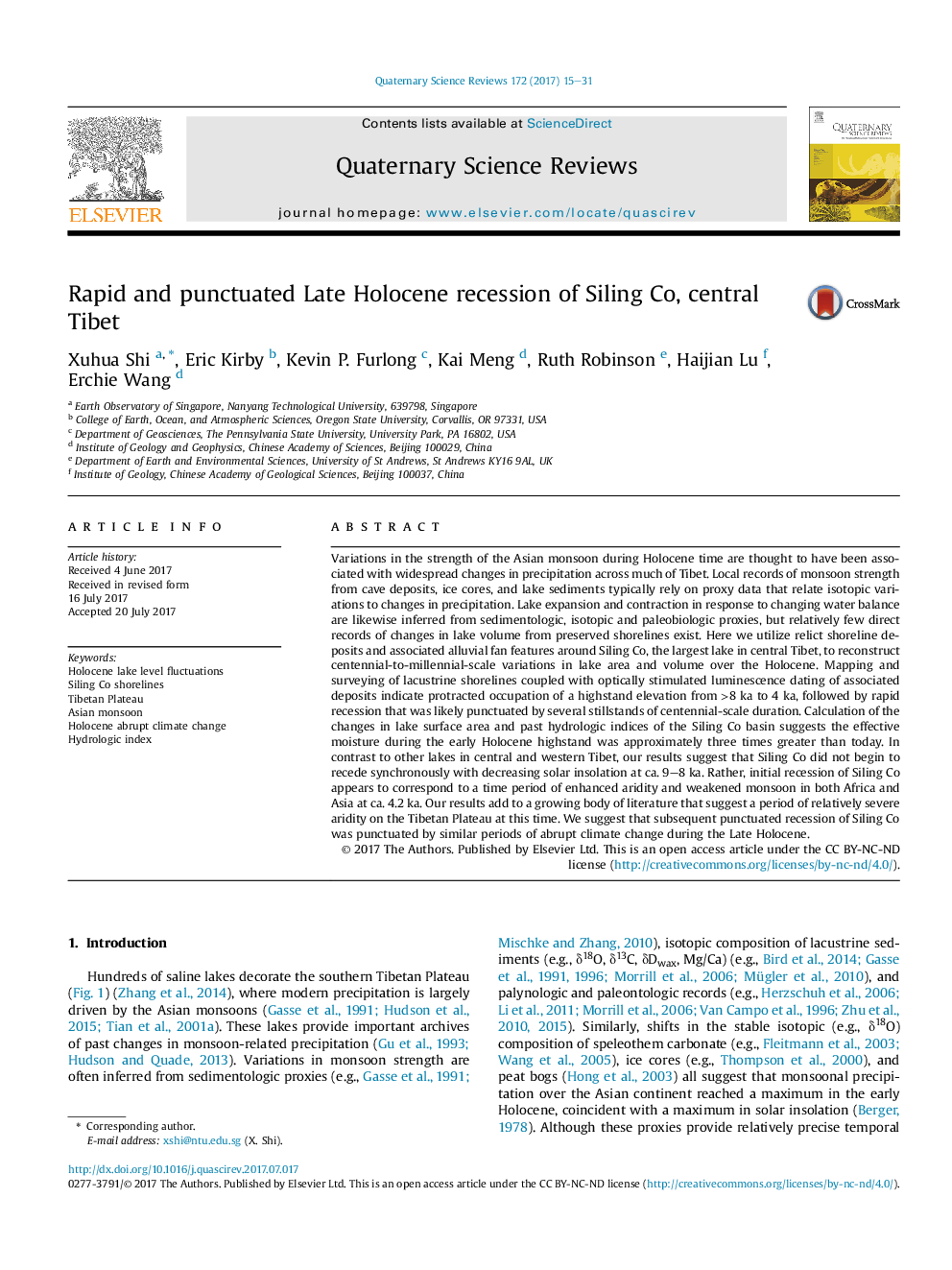 Rapid and punctuated Late Holocene recession of Siling Co, central Tibet