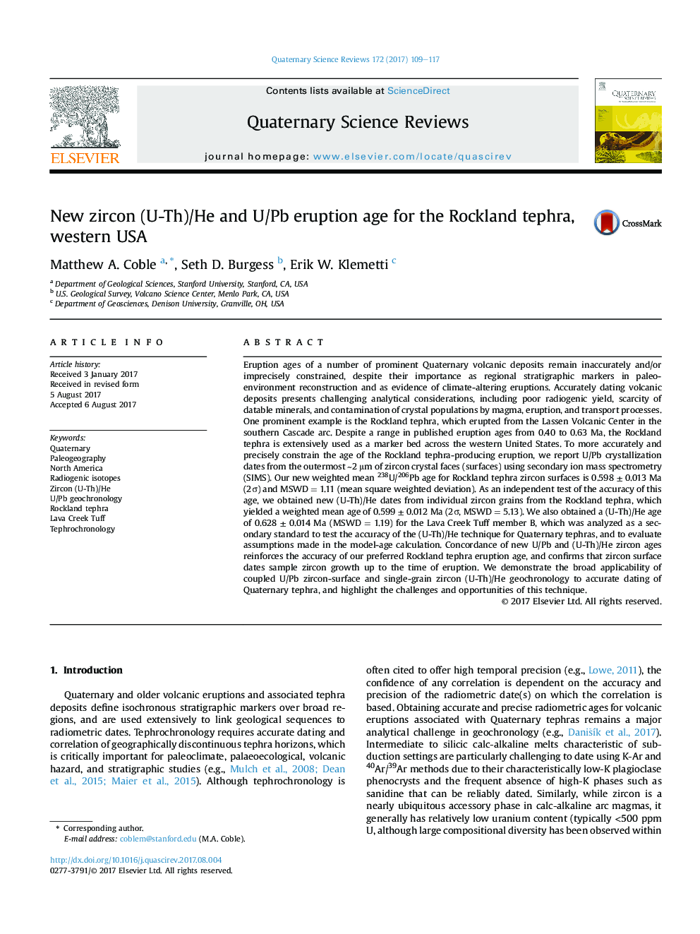 New zircon (U-Th)/He and U/Pb eruption age for the Rockland tephra, western USA