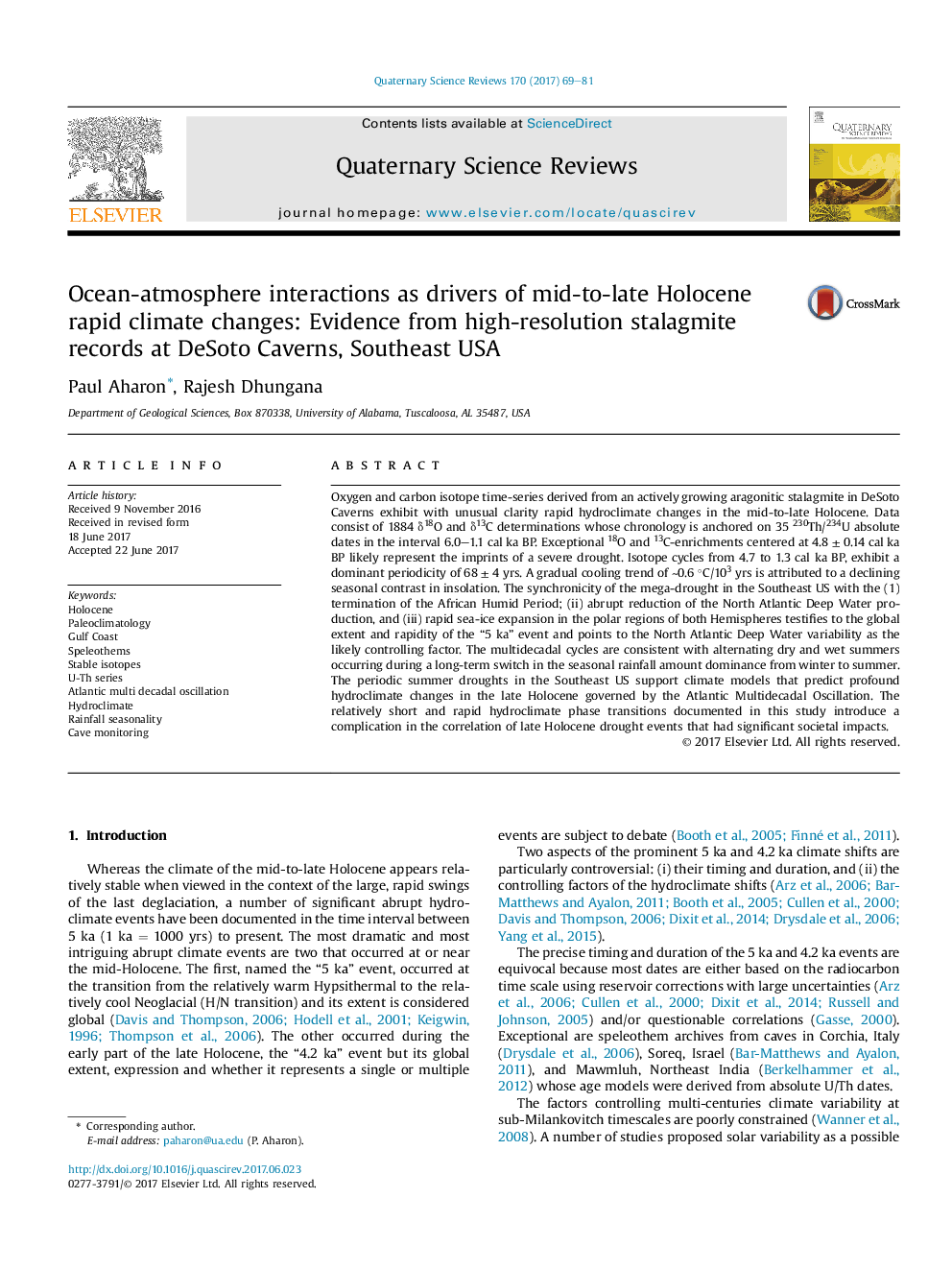 Ocean-atmosphere interactions as drivers of mid-to-late Holocene rapid climate changes: Evidence from high-resolution stalagmite records at DeSoto Caverns, Southeast USA