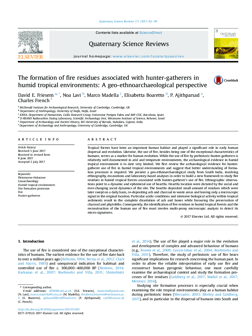 The formation of fire residues associated with hunter-gatherers in humid tropical environments: A geo-ethnoarchaeological perspective