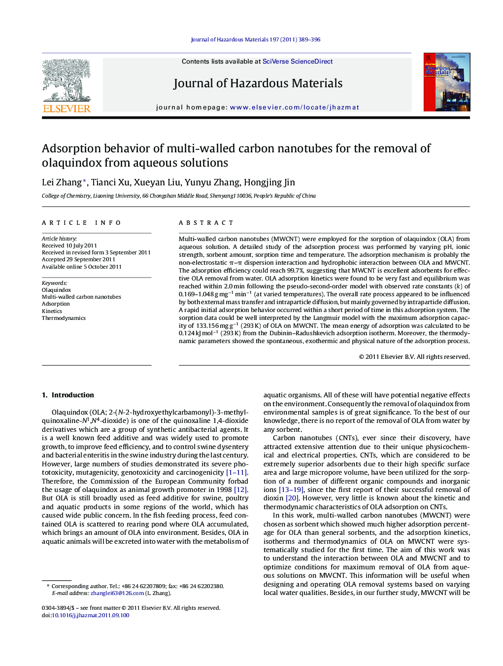 Adsorption behavior of multi-walled carbon nanotubes for the removal of olaquindox from aqueous solutions