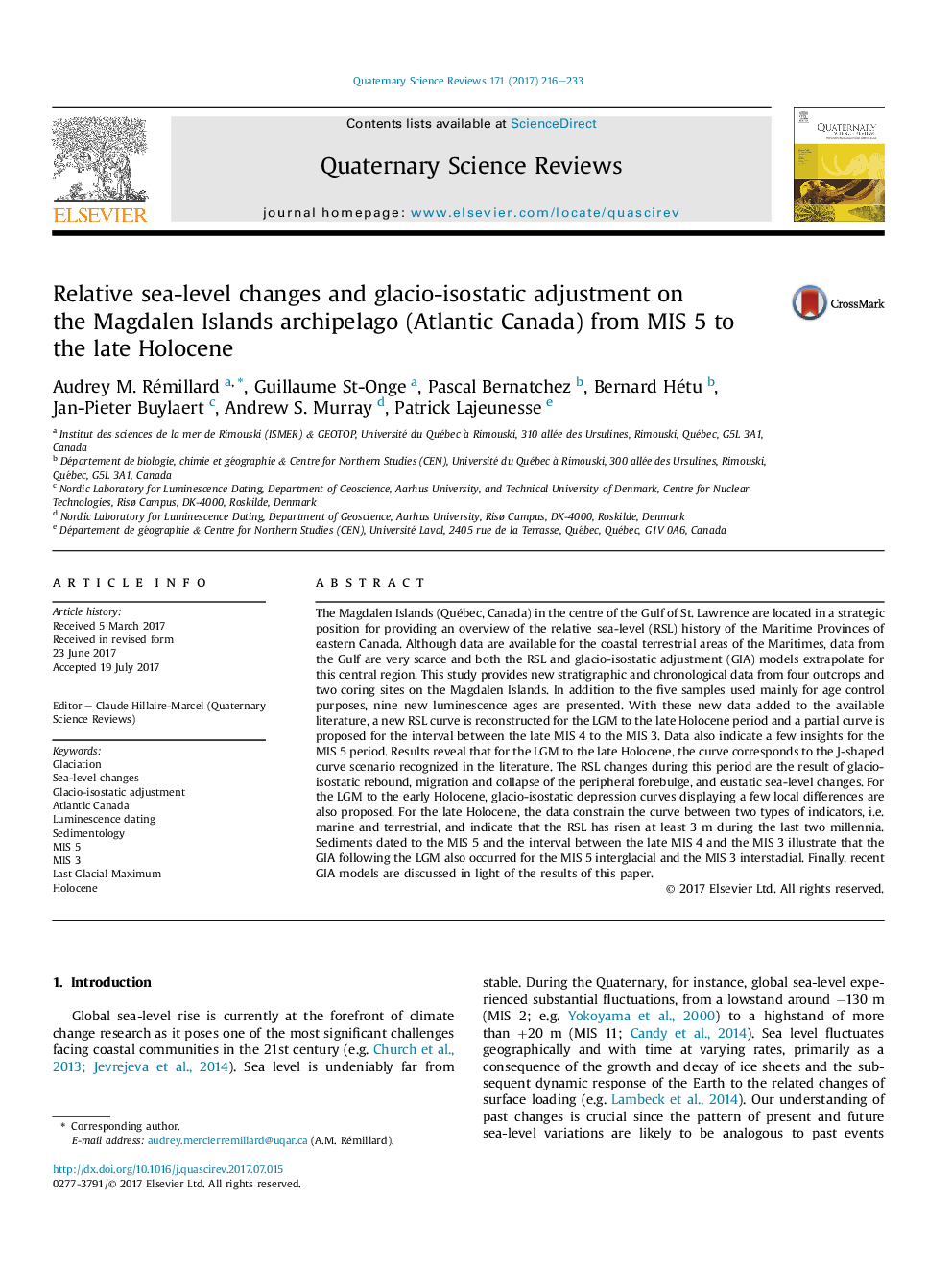 Relative sea-level changes and glacio-isostatic adjustment on theÂ Magdalen Islands archipelago (Atlantic Canada) from MIS 5 to theÂ late Holocene