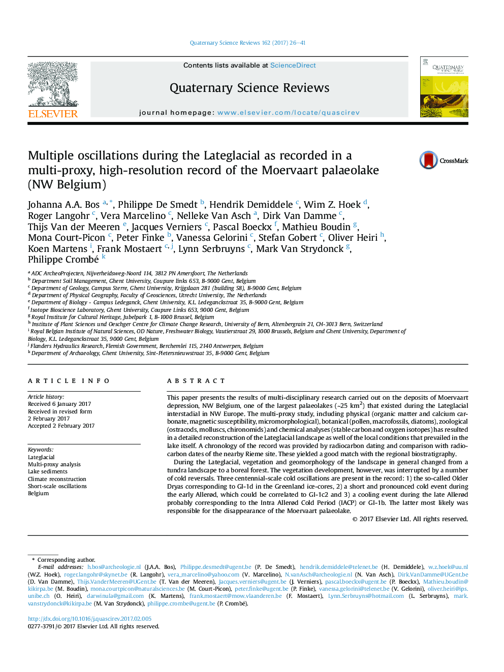 Multiple oscillations during the Lateglacial as recorded in a multi-proxy, high-resolution record of the Moervaart palaeolake (NW Belgium)