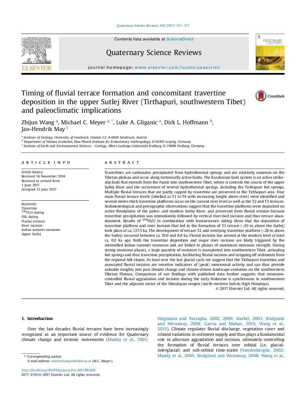 Timing of fluvial terrace formation and concomitant travertine deposition in the upper Sutlej River (Tirthapuri, southwestern Tibet) and paleoclimatic implications