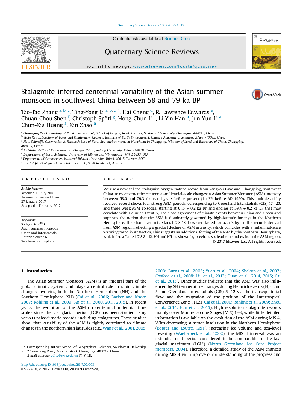 Stalagmite-inferred centennial variability of the Asian summer monsoon in southwest China between 58 and 79Â ka BP