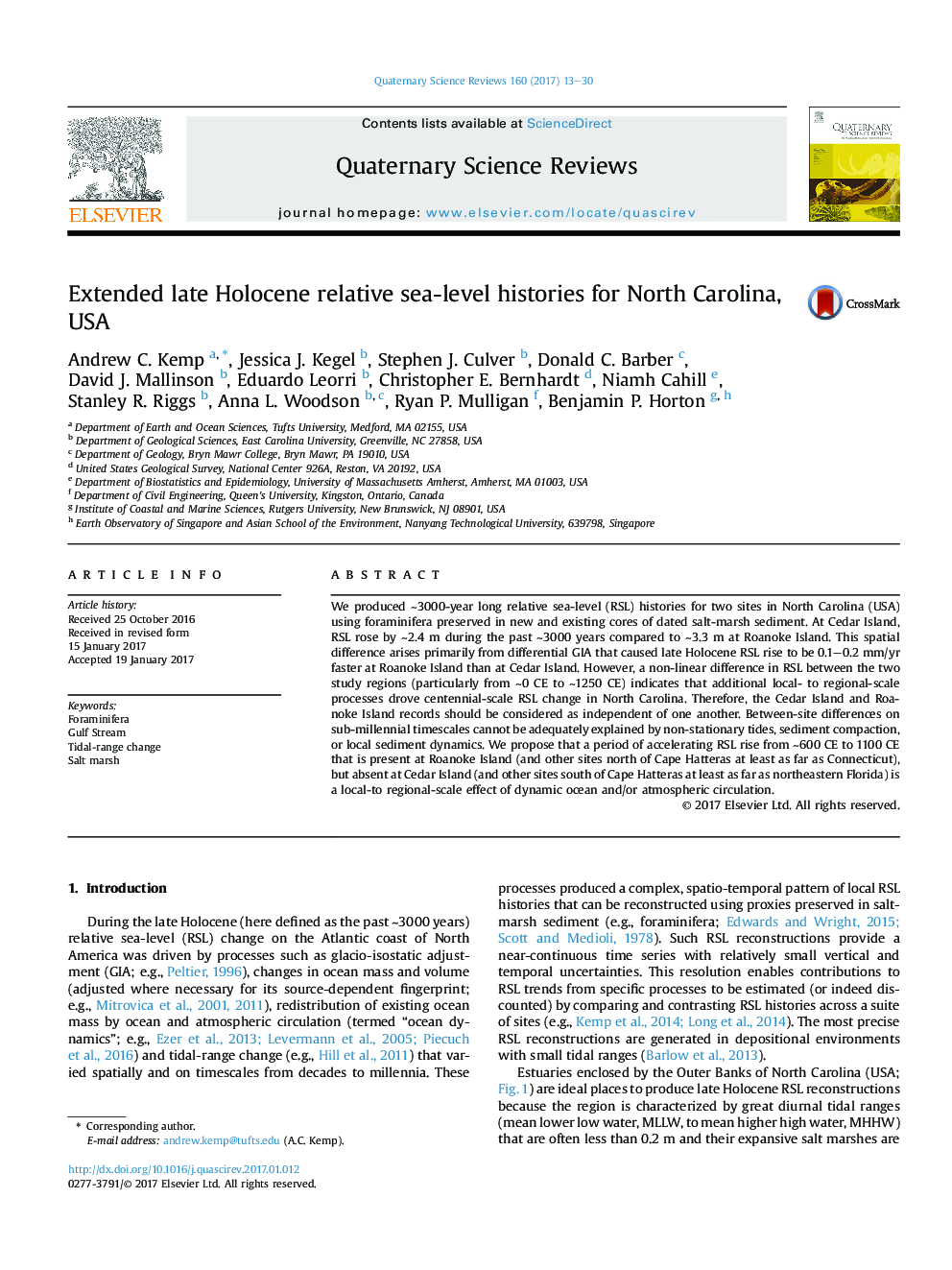 Extended late Holocene relative sea-level histories for North Carolina, USA