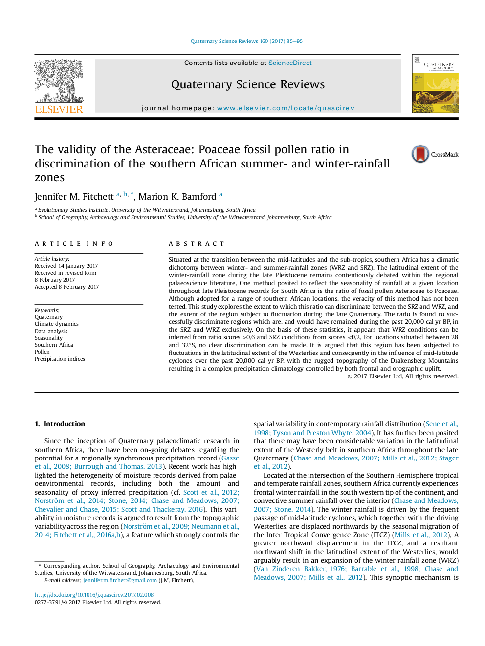 The validity of the Asteraceae: Poaceae fossil pollen ratio in discrimination of the southern African summer- and winter-rainfall zones