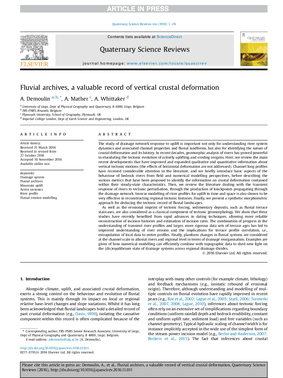 Fluvial archives, a valuable record of vertical crustal deformation