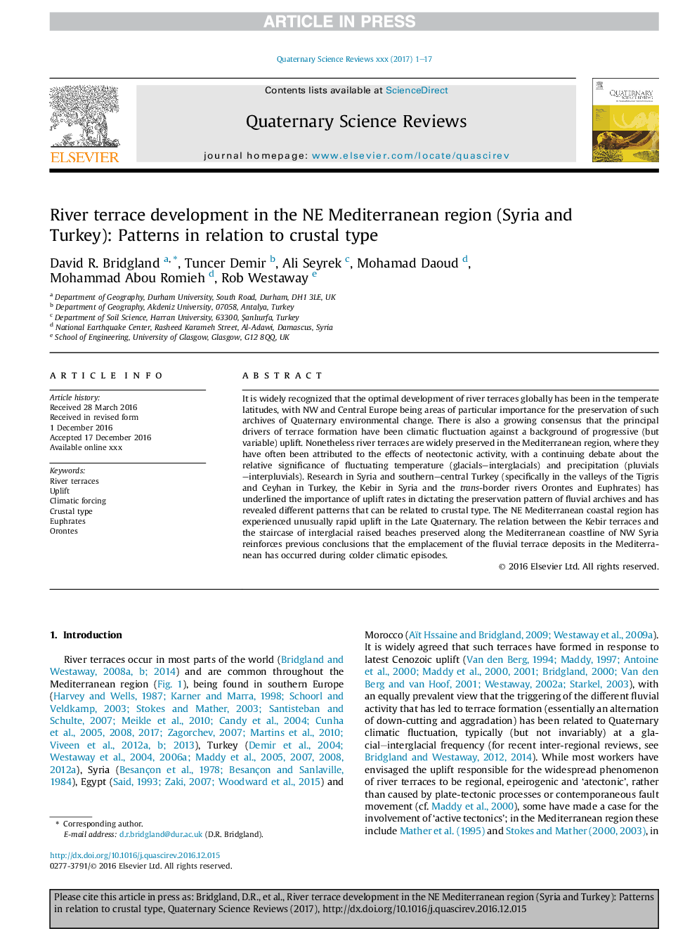 River terrace development in the NE Mediterranean region (Syria and Turkey): Patterns in relation to crustal type