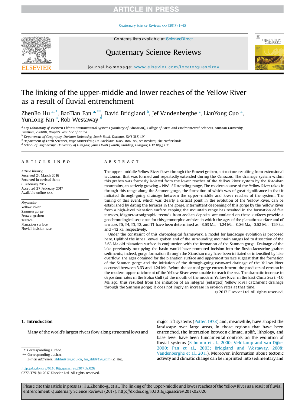 The linking of the upper-middle and lower reaches of the Yellow River as a result of fluvial entrenchment