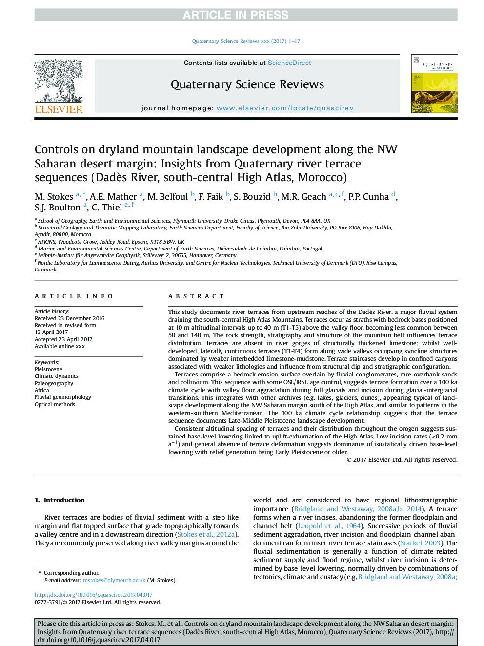 Controls on dryland mountain landscape development along the NW Saharan desert margin: Insights from Quaternary river terrace sequences (DadÃ¨s River, south-central High Atlas, Morocco)