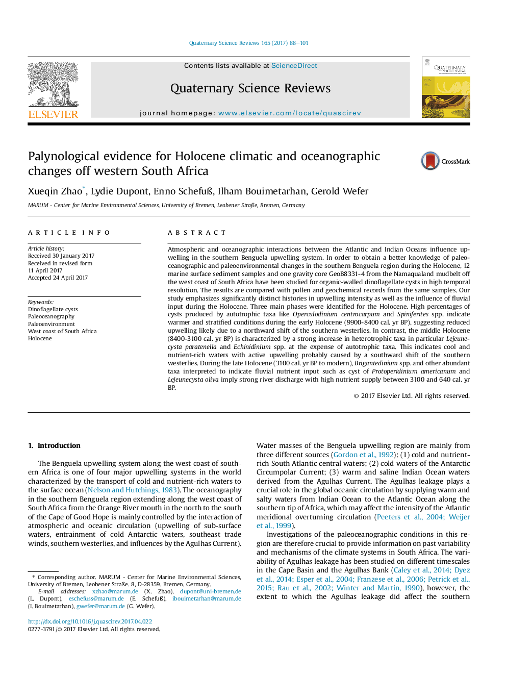 Palynological evidence for Holocene climatic and oceanographic changes off western South Africa