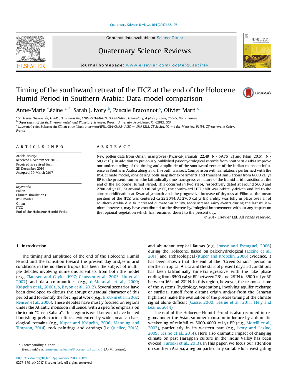 Timing of the southward retreat of the ITCZ at the end of the Holocene Humid Period in Southern Arabia: Data-model comparison