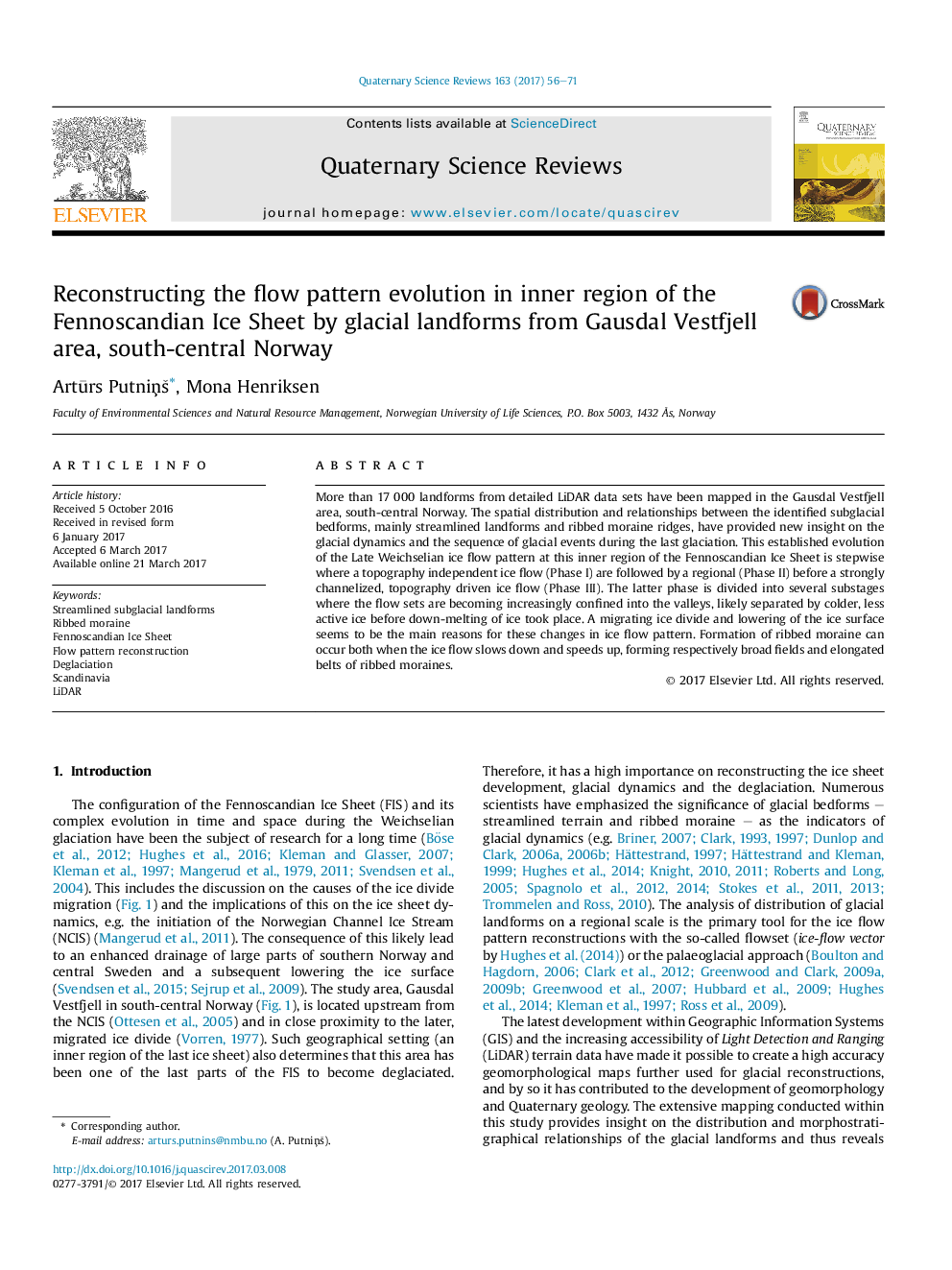 Reconstructing the flow pattern evolution in inner region of the Fennoscandian Ice Sheet by glacial landforms from Gausdal Vestfjell area, south-central Norway