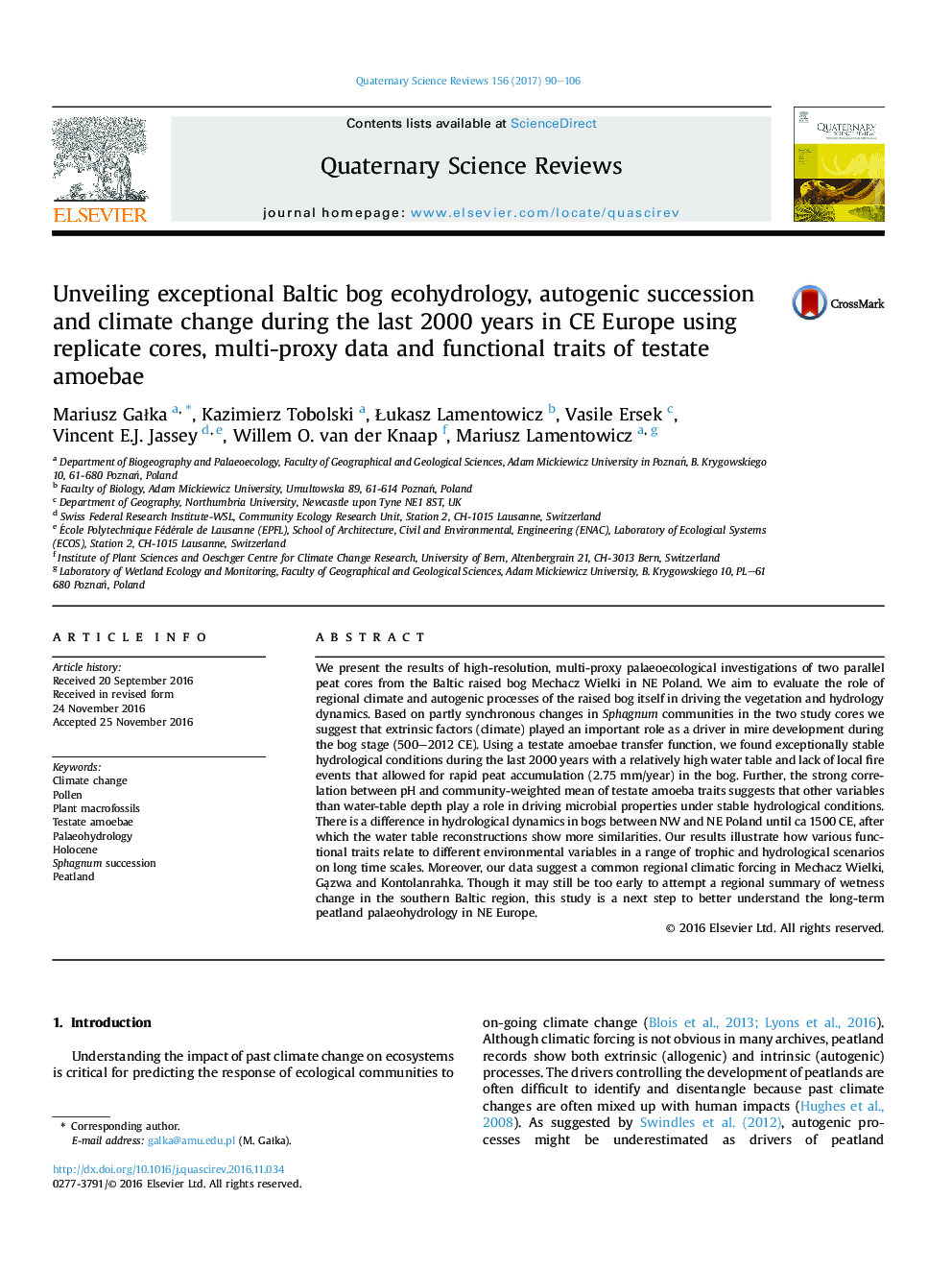 Unveiling exceptional Baltic bog ecohydrology, autogenic succession and climate change during the last 2000 years in CE Europe using replicate cores, multi-proxy data and functional traits of testate amoebae