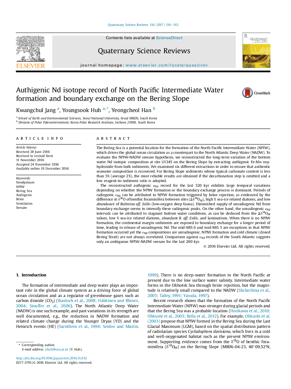 Authigenic Nd isotope record of North Pacific Intermediate Water formation and boundary exchange on the Bering Slope