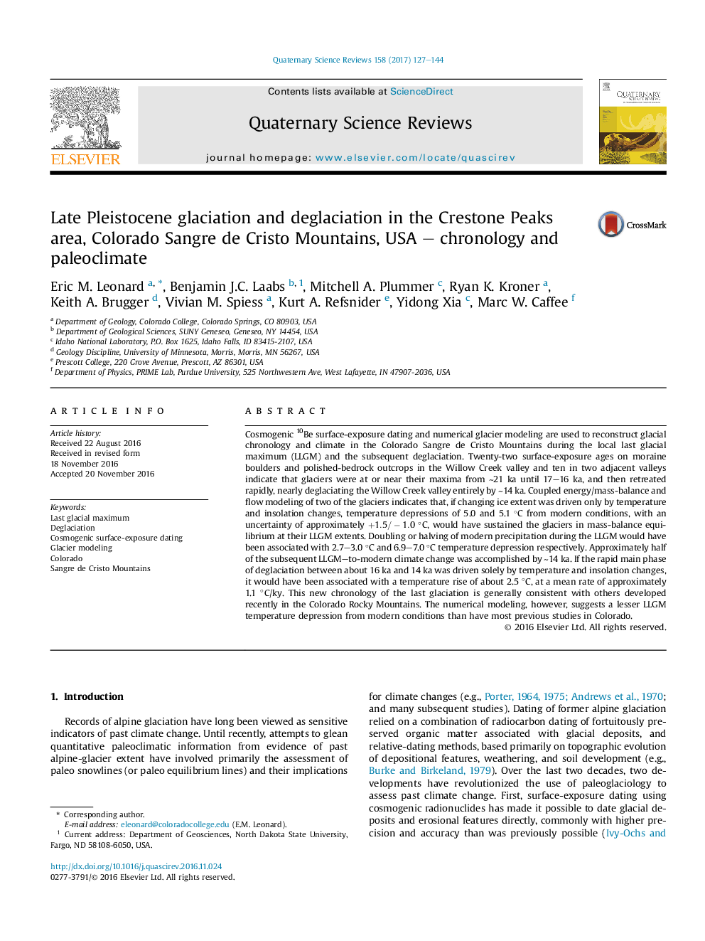 Late Pleistocene glaciation and deglaciation in the Crestone Peaks area, Colorado Sangre de Cristo Mountains, USA - chronology and paleoclimate