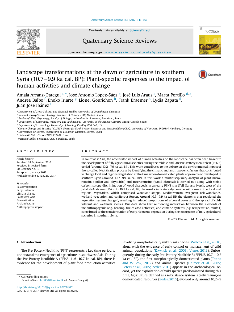 Landscape transformations at the dawn of agriculture in southern Syria (10.7-9.9 ka cal. BP): Plant-specific responses to the impact of human activities and climate change