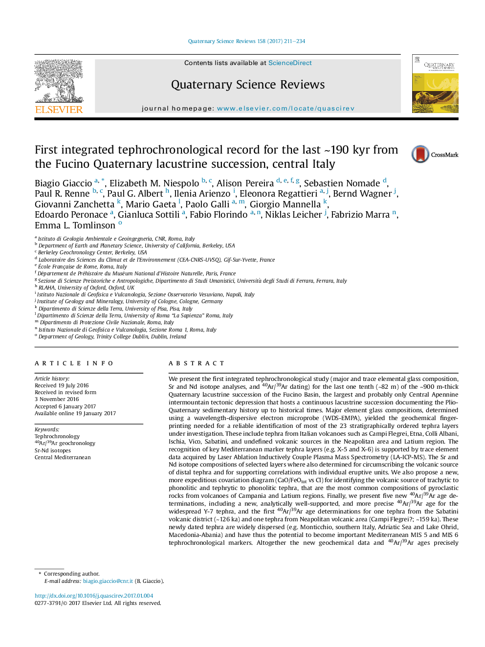 First integrated tephrochronological record for the last â¼190Â kyr from the Fucino Quaternary lacustrine succession, central Italy