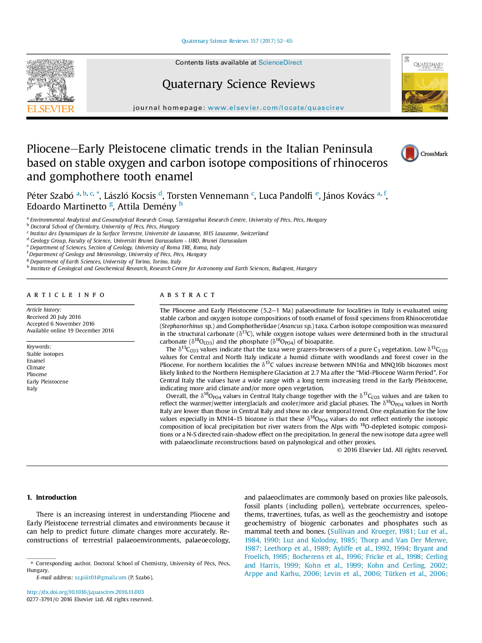 Pliocene-Early Pleistocene climatic trends in the Italian Peninsula based on stable oxygen and carbon isotope compositions of rhinoceros and gomphothere tooth enamel